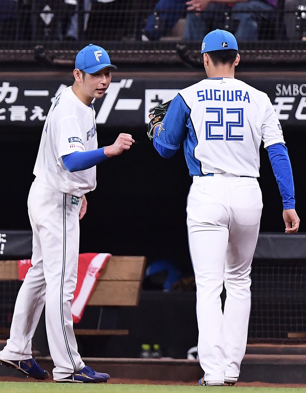 七回2死満塁、2番手で登板した杉浦(右)がヤクルト・村上を2球で仕留め、加藤貴とグータッチを交わす