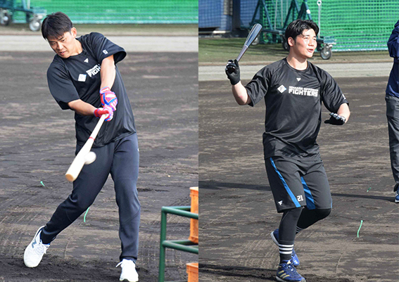 イベントでフライを打ち上げる清宮(右)と野村(撮影・宮西雄太郎)